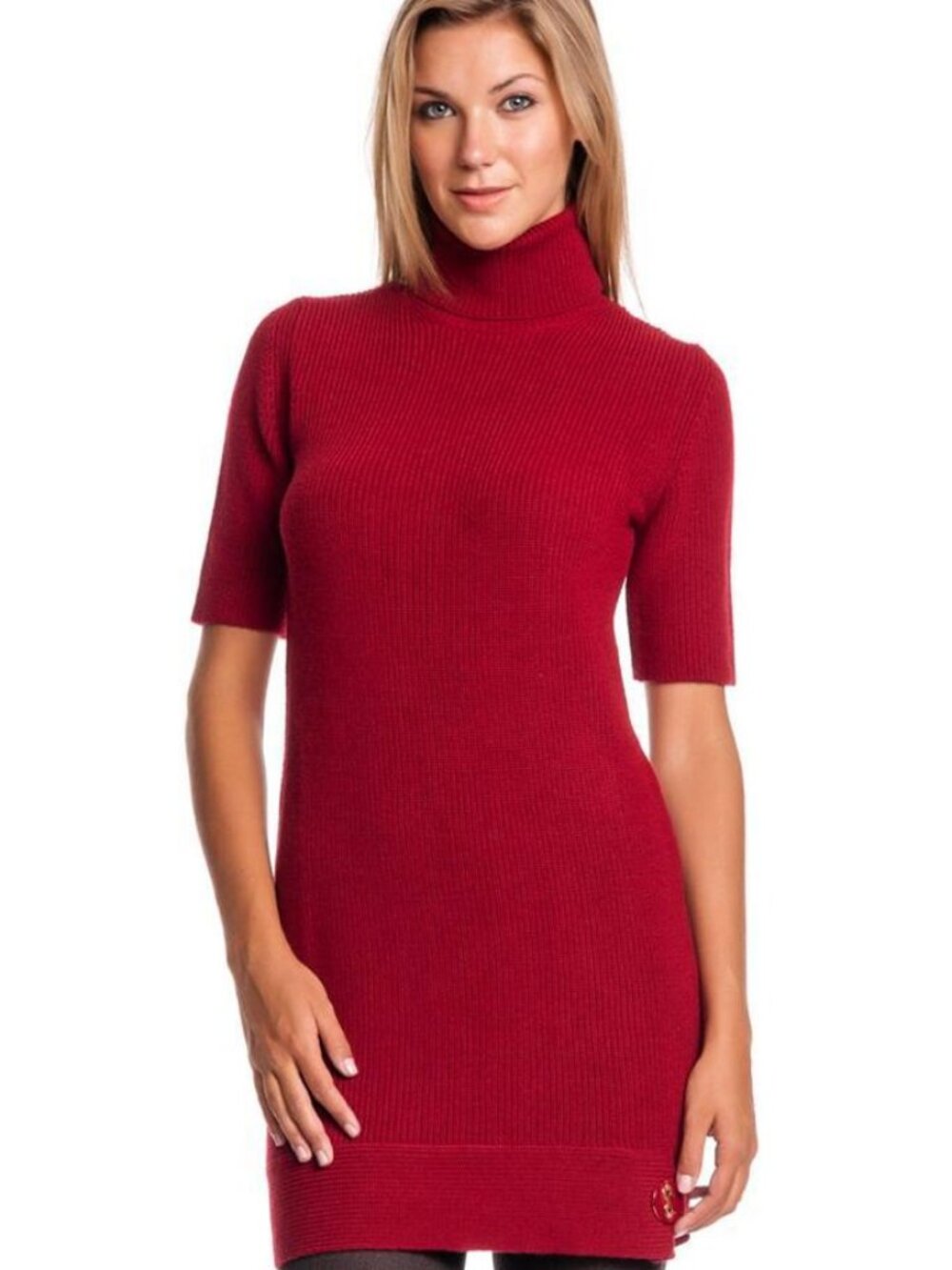 Love Moschino Mock Turtleneck Knit Dress Red Mini Short Sleeves Designer NEW